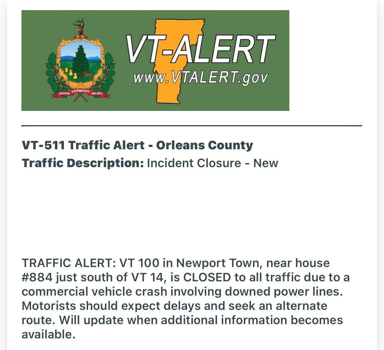 VT 100 in Newport Town Closed After Commercial Vehicle Crash